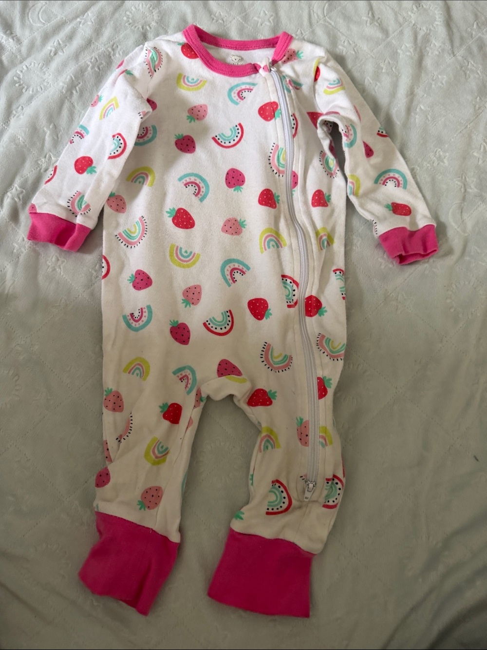 Pink-Trim White Strawberry & Rainbow Footed One-Piece for Kids 9-12 months - Picture 1 of 7